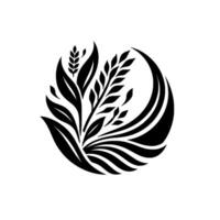 Stylized Black White Floral Design Symmetrical composition of leaves, wheat, and crescent, creating a balanced, elegant botanical graphic. vector