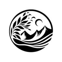 Black and White Circular Depicting Mountains, Waves, Tree, Moon, and Birds A Minimalist Nature Scene. vector