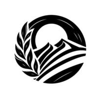 Minimalist Black White Emblem Circular with Leaf Branch, Mountain and Sun Elements. vector