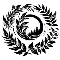 Intricate Black and White Circular Floral with Forest Silhouette, Leafy Branches, and Decorative Elements vector