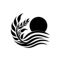 Black and White Minimalist Featuring Wheat Stalks, Sun, and Waves, Representing Natures Harmony. vector
