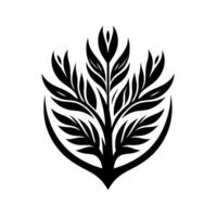 Symmetrical Black and White Botanical Illustration of a stylized tree or plant, featuring intricate leaf details within an arched design, and a minimalist aesthetic. vector