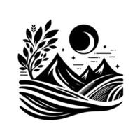 Black and White minimalist landscape illustration featuring mountains, rolling hills, a stylized tree, a crescent moon, and stars, creating a serene, dreamy scene. vector