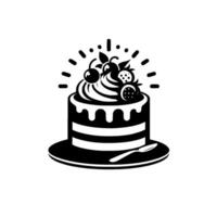 Elegant Black and White Cake Illustration with Fruits, Creamy Frosting, and Decorative Elements on a Plate with a Spoon. vector
