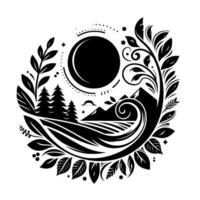 Stylized black and white nature emblem, featuring a central sun, mountains, trees, and foliage, arranged in a circular with a serene, minimalist feel. vector