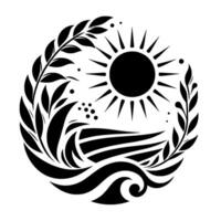 Stylized black and white illustration of the sun, waves, and plant life in a circular composition, symbol of nature. vector