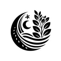 Abstract black and white circular featuring a crescent moon, star, stylized waves, and leafy sprig, suggesting harmony and growth. vector