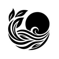 Black and White Abstract Design Circle composition with a stylized sun, leaves, and water, evoking harmony and natures elements in a minimalist style. vector