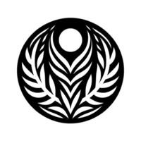 Intricate symmetrical circular black and white featuring a central circle framed by stylized leaflike patterns and shapes. vector