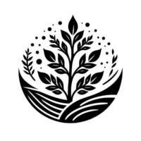 Monochromatic Illustration stylized plant symbol, tree design, surrounded by field, dots, and sprigs, creating nature, organic, and growth imagery. vector