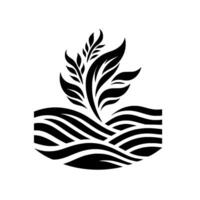 Stylized Black White Logo Plant with Lush Leaves Erupting from a Wavy, Striped Base, Modern, Minimalist Design. vector