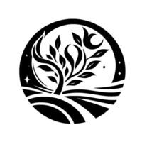 Circular black and white featuring a stylized tree with leaves, a crescent moon, stars, and undulating landscape lines. vector