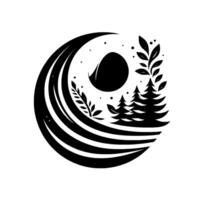 Circular minimalist monochrome with moon, trees, and leaves, forming a serene, stylized nature scene within a curved frame. vector