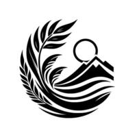 Circular Black and White Logo Leaves, Waves, Mountains, and Sun, Creating a Harmonious, Symbolic Design, Representing Natures Elements. vector
