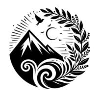 Monochrome Circular Composition Mountain, Bird, Crescent, and Foliage Embrace Serene Nature in a Minimalist Design. vector