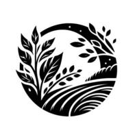 Black and white circular illustration of a field with stylized plants, leaves, and curved landscape elements, enclosed in a design. vector