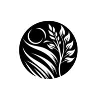 Minimalist Black and White Circular Emblem Crescent Moon, Wind, and a Leafy Tree, Creating Harmony. vector