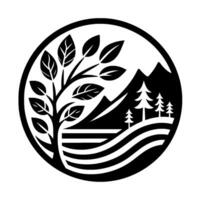 Black and White Circular Emblem Depicting a Tree, Mountains, Trees and Water in a minimalist nature scene. vector