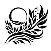 Artistic Black and White Floral Composition with Circular Frame and Leafy Embellishments on a White Background vector