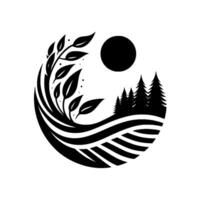 Serene Black and White Circular Landscape Trees, Leaves, Moon, and Wavy Field Elements in Minimalist Nature Composition vector