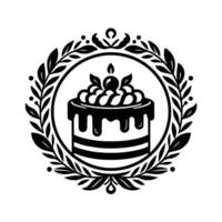 Elegant Black and White Cake with Laurel Wreath, Candles, Berries, and a Classic for Bakery or Celebrations. vector