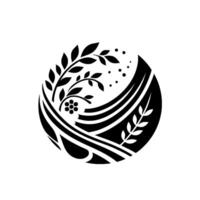 Minimalist Black and White Floral Emblem Botanical in a Circular Composition with Leaves, a Flower, and Abstract Lines. vector