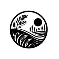 Yin Yang stylized silhouette of a rural landscape in black and white, featuring wheat, trees, and the sun within a circle. vector