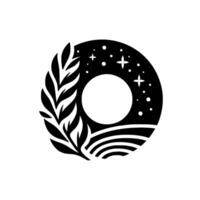Abstract black and white circular illustration featuring celestial elements stars, dots, organic leaf design, and stylized horizon in minimalist style. vector