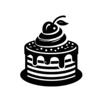 Black and white, minimalist cake illustration, featuring a tiered with dripping icing and a cherry on top, set against a clean white backdrop. vector