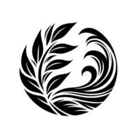 YinYang Inspired Design Black White Circular Composition Merging Nature Leaves Oceanic Elements Waves For Harmony. vector
