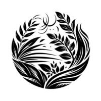 Intricate Black and White Floral Circle Composition Depicting Botanical Elements in a Clean and Elegant Style. vector