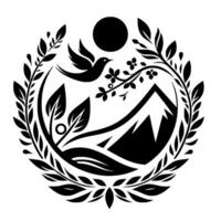 Black and white emblem with bird in flight, mountains, sun, and foliage in a circular design, symbolizing natures tranquility. vector