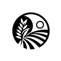Stylized Yin Yang emblem combining a grain stalk and a cultivated field with a rising sun, presented in a circular, minimalist design. vector