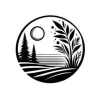 Black and White Landscape Design Minimalist Circle Illustration featuring Trees, Moon, Bushes, Fields Horizon Lines. vector
