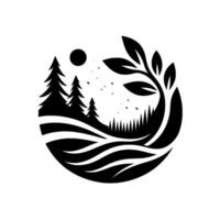 A symmetrical monochrome emblem featuring trees and foliage encircled by stylized waves, with a sun and stars in a minimalist landscape. vector