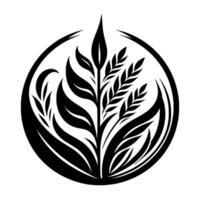 Stylized Black and White Circular Emblem Featuring a Central Plant Motif with Leafy Branches and WheatLike Elements, on White vector