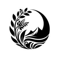 Abstract monochrome featuring stylized leaves, berries, and mountain silhouette encased within a crescent and circular composition. vector