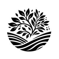 Minimalist Black and White Emblem Lush Tree with Leaves and Berries Emerging from Serene, Striped Landscape within a Circle. vector