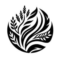 Elegant black and white circular emblem featuring stylized wheat and leaf elements, symbolizing nature and growth. vector