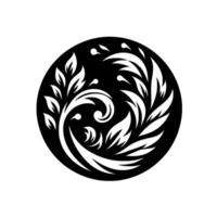 Elegant monochrome design a symmetrical floral arrangement of stylized leaves and spirals enclosed within a black circle on a white background. vector