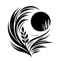 A minimalist, monochrome circular composition featuring stylized wheat, leaves and a central black orb, resembling a stylized sun or moon. vector