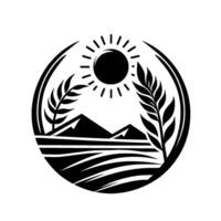 Black and white minimalist circular illustration depicting a sun, mountains, wheat field, and wheat stalks, within a stylized frame. vector