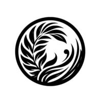Elegant minimalist circular featuring a stylized botanical with leaves and flowing organic shapes, rendered in black and white. vector