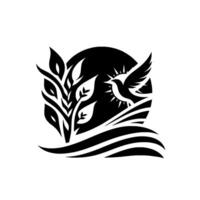 Symbolic Black White Illustration of a Bird in Flight, with a sunlike aura, near vegetation, within a rounded backdrop, suggesting freedom and nature. vector