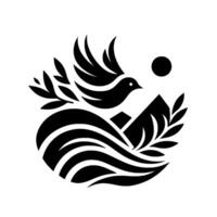 Minimalist Black and White Emblem Soaring Dove with Olive Branch, Waves, Mountains, and Sun, Symbolizing Peace. vector