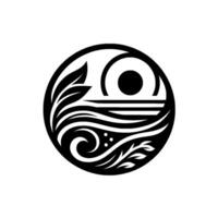Black and White Circular Design Stylized depiction of a sun, waves, and leaves, symbolizing nature, balance, and harmony. vector