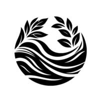 Abstract minimalist black and white circular design, featuring stylized leaves and flowing wavelike forms, evocative of nature. vector