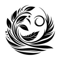 An elegant black and white circular featuring stylized leaves, feathers, and an abstract circle. vector
