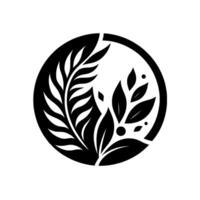 Stylized black and white botanical emblem intricate leaves and branches, enclosed within a circular frame, a minimalist design. vector