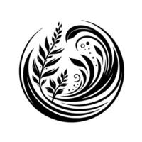 Intricate Black and White Circular Botanical Featuring Leaves, Swirls, and Dotted Elements, Evoking Harmony. vector